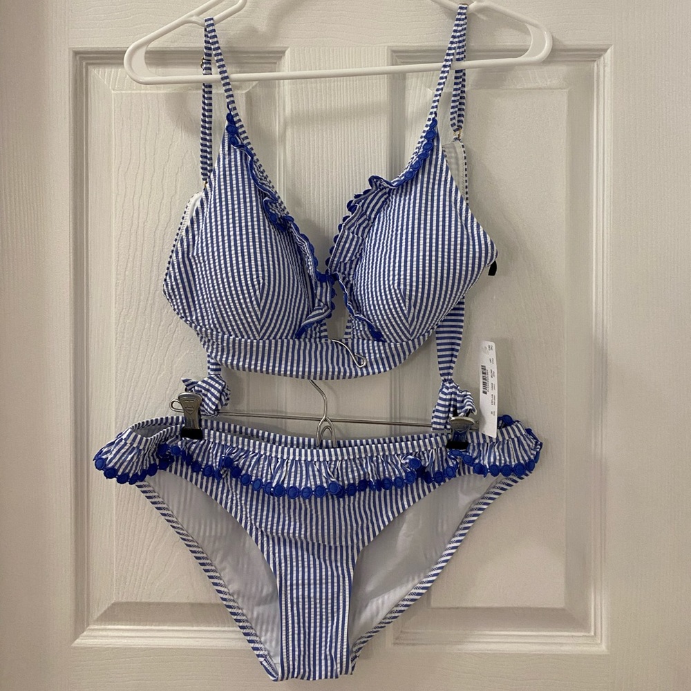 NWT JCrew French Ruffle Bikini in Seersucker Blue